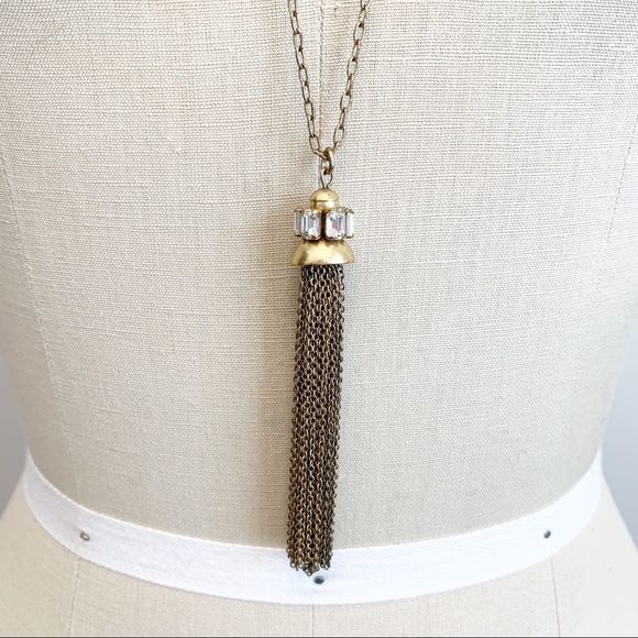 J Crew Long Gold Rhinestone Chain Tassel Necklace - Picture 2 of 6